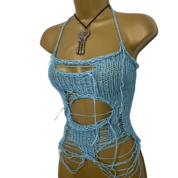 Blue crotchet cut out halter top - Picture 3 of 5